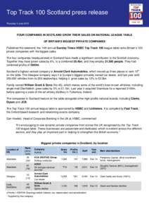 Top Track 100 Scotland press release Thursday 4 June 2015 FOUR COMPANIES IN SCOTLAND GROW THEIR SALES ON NATIONAL LEAGUE TABLE OF BRITAIN’S BIGGEST PRIVATE COMPANIES Published this weekend, the 14th annual Sunday Times