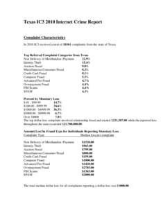 Texas IC3 2010 Internet Crime Report Complaint Characteristics In 2010 IC3 received a total of[removed]complaints from the state of Texas. Top Referred Complaint Categories from Texas Non Delivery of Merchandise /Payment