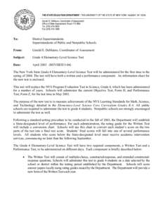 THE STATE EDUCATION DEPARTMENT / THE UNIVERSITY OF THE STATE OF NEW YORK / ALBANY, NY[removed]Gerald E. DeMauro, Coordinator of Assessment Office of State Assessment, Room 773 EBA Tel[removed]Fax[removed]