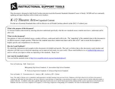 This document is designed to help North Carolina educators teach the Essential Standards (Standard Course of Study). NCDPI staff are continually updating and improving these tools to better serve teachers. K-12 Theatre A