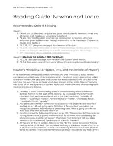 PHIL 3350, History & Philosophy of Science, WeeksReading Guide: Newton and Locke Recommended Order of Reading Week 11: 1. Dewitt, ch. 20 (Required; a quick and good introduction to Newton’s three laws