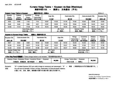 April, [removed]月2014年 Kumano Hongu Taisha ～ Koyasan via Gojo (Weekdays) 熊野本宮大社　～　高野山　五条経由　(平日)