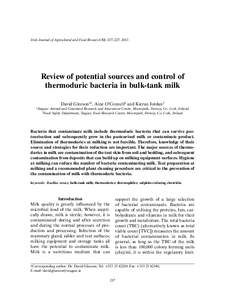 Irish Journal of Agricultural and Food Research 52: 217–227, 2013  Review of potential sources and control of thermoduric bacteria in bulk-tank milk David Gleeson1†, Aine O’Connell1 and Kieran Jordan2 1Teagasc