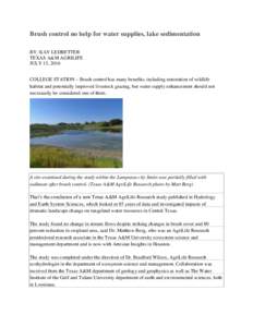 Brush control no help for water supplies, lake sedimentation BY: KAY LEDBETTER TEXAS A&M AGRILIFE JULY 13, 2016 COLLEGE STATION – Brush control has many benefits, including restoration of wildlife habitat and potential