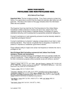 KNOW YOUR RIGHTS  PRIVILEGED AND NON-PRIVILEGED MAIL ACLU National Prison Project Important Note: The law is always evolving. If you have access to a prison law library, it is a good idea to confirm that the cases and st