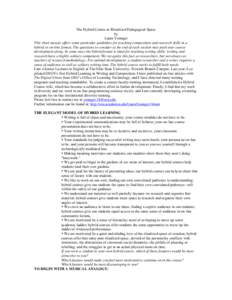 The Hybrid Course as Ritualized Pedagogical Space by Laura Younger This short mosaic offers some particular guidelines for teaching composition and research skills in a hybrid or on-line format. The questions to consider