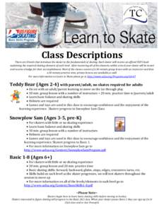 Class Descriptions There are 8 levels that introduce the skater to the fundamentals of skating. Each skater will receive an official USFS book explaining the required skating elements of each level. After mastering all o