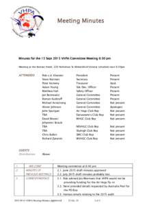 Meeting Minutes  Minutes for the 15 Sept 2015 VHPA Committee Meeting 6:30 pm Meeting at the Retreat Hotel, 226 Nicholson St Abbotsford Victoria schedule start 6:30pm  ATTENDEES