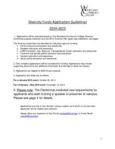 Diversity Funds Application Guidelines[removed]Applications will be evaluated based on the Woodland Community College Diversity Committee purpose statement and the WCC Diversity Plan goals (see addendum, last page).