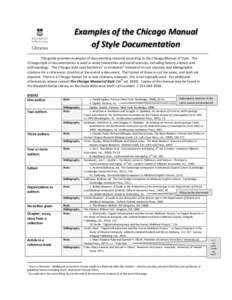 Examples of the Chicago Manual of Style Documentation This guide provides examples of documenting material according to the Chicago Manual of Style. The Chicago style of documentation is used in some humanities and socia