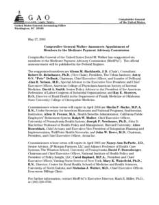 Comptroller General of the United States United States General Accounting Office Washington, DCMay 27, 2003