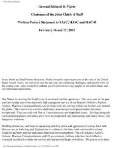 CJCS Posture Statement  General Richard B. Myers Chairman of the Joint Chiefs of Staff Written Posture Statement to SASC, HASC and HAC-D February 16 and 17, 2005