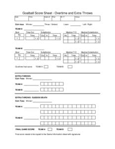 Goalball Score Sheet - Overtime and Extra Throws Date Coin toss  Time