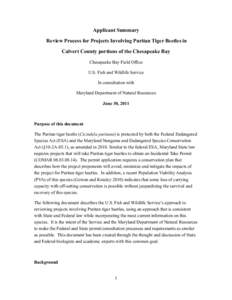 Applicant Summary Review Process for Projects Involving Puritan Tiger Beetles in Calvert County portions of the Chesapeake Bay Chesapeake Bay Field Office U.S. Fish and Wildlife Service In consultation with