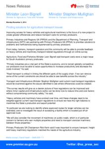 News Release Minister Leon Bignell Minister Stephen Mullighan  Minister for Agriculture, Food and Fisheries