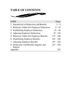 TABLE OF CONTENTS  TOPIC 1: Introduction to Deductions and Benefits 2: Reference Tables For Employee Deductions 3: Establishing Employee Deductions