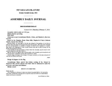 NEVADA LEGISLATURE Seventy-Seventh Session, 2013 ASSEMBLY DAILY JOURNAL THE EIGHTEENTH DAY CARSON CITY (Thursday), February 21, 2013