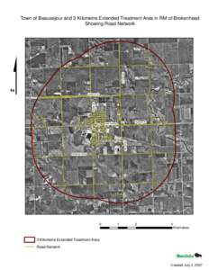 Town of Beausejour and 3 Kilometre Extended Treatment Area in RM of Brokenhead Showing Road Network Highway 12  Highway 44