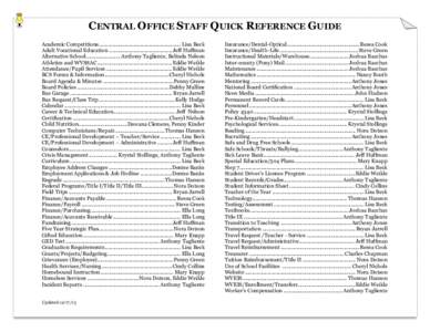 CENTRAL OFFICE STAFF QUICK REFERENCE GUIDE Academic Competitions ......................................................... Lisa Beck Adult Vocational Education ............................................ Jeff Huffman Al