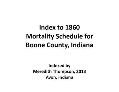   Index to 1860   Mortality Schedule for   Boone County, Indiana     