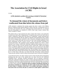 ACRI Petition Seeks Return of Mordechai Vanunu's Letters and Documents