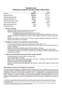 HomeServe plc Preliminary results for the year ended 31 March 2014 Revenue 2014 £568.3m