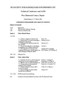 NZ SOCIETY FOR EARTHQUAKE ENGINEERING INC Technical Conference and AGM War Memorial Centre, Napier Friday/Sunday[removed]March 2002 CONFERENCE PROGRAMME AND TABLE OF CONTENTS FRIDAY 15 MARCH