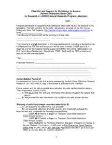 Sample Checklist and Request for Permission to Acquire Human Embryonic Stem Cells for Research in an Intramural Research Program Laboratory