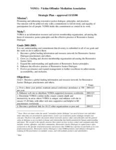 VOMA - Victim Offender Mediation Association Strategic Plan – approved[removed]Mission : Promoting and enhancing restorative justice dialogue, principles, and practices.