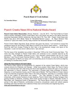 Poarch Band of Creek Indians For Immediate Release Contact Information: Sharon Delmar, Public Relations Tribal Liaison