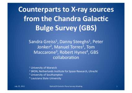 Counterparts to X‐ray sources  from the Chandra Galac6c  Bulge Survey (GBS)  Sandra Greiss1, Danny Steeghs1, Peter  Jonker2, Manuel Torres2, Tom  Maccarone3, Robert Hynes4, GBS 