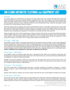 ANI  Adventure Network International ANI CLIMB ANTARCTIC CLOTHING AND EQUIPMENT LIST Summary