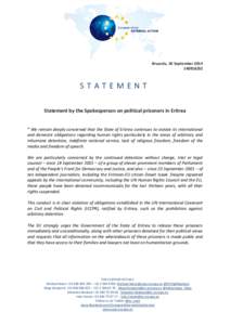 Brussels, 18 September[removed]STATEMENT Statement by the Spokesperson on political prisoners in Eritrea