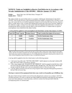 NOTICE: Tanks are Ineligible to Receive Fuel Deliveries in Accordance with Nevada Administrative Code[removed] – Effective January 23, 2012 Facility: Quick Stop Auto, 601 Main Street, Tonopah, NV Facility ID #: [removed]