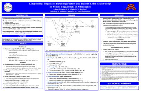 Longitudinal Impacts of Parenting Factors and Teacher Child Relationships on School Engagement in Adolescence Alison Giovanelli & Michelle M. Englund University of Minnesota, Institute of Child Development RESULTS