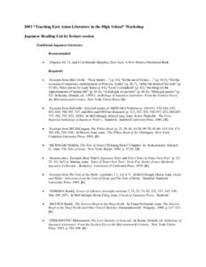 2003 “Teaching East Asian Literature in the High School” Workshop Japanese Reading List by lecture session Traditional Japanese Literature Recommended: Chapters 10, 11, and 13 in Rhoads Murphey, East Asia: A New Hist