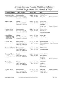 Second Session, Twenty-Eighth Legislature Session Staff Phone List, March 4, 2014 Legislative Office Austerman, Alan Finance Committee Co-Chair