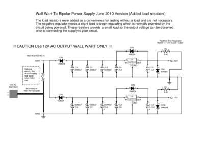 Wall Wart To Bipolar Power Supply June 2010 Version (Added load resistors) The load resistors were added as a convenience for testing without a load and are not necessary. The negative regulator needs a slight load to be