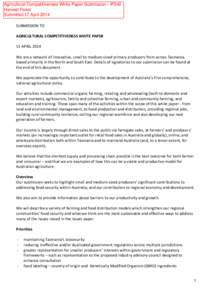 Agricultural Competitiveness White Paper Submission - IP542 Harvest Feast Submitted 17 April 2014 SUBMISSION TO AGRICULTURAL COMPETITIVENESS WHITE PAPER 15 APRIL 2014