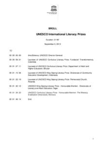 BROLL  UNESCO International Literacy Prizes Duration: 01’46” September 6, 2012