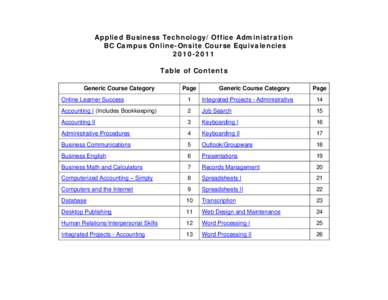 Applied Business Technology/Office Administration BC Campus Online-Onsite Course Equivalencies[removed]Table of Contents Generic Course Category