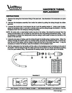 HANDPIECE TUBING REPLACEMENT INSTRUCTIONS 1. Remove the tubing from the bottom fitting of the sand tank. See illustration 2 for instructions on quick fittings. 2. Remove the handpiece assembly from inside the cabinet by 