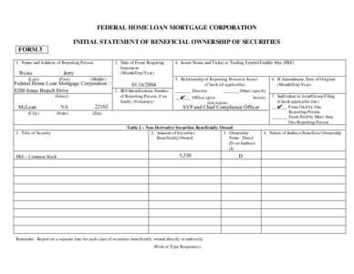 FEDERAL HOME LOAN MORTGAGE CORPORATION INITIAL STATEMENT OF BENEFICIAL OWNERSHIP OF SECURITIES FORM 3 1. Name and Address of Reporting Person  Weiss