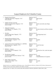 Largest Employers for Columbia County 1 . Magnolia School District 1400 High School Drive Magnolia[removed][removed]Southern Arkansas University