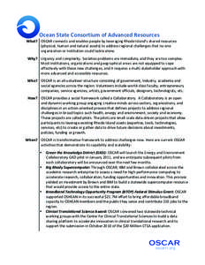    	
   Ocean	
  State	
  Consortium	
  of	
  Advanced	
  Resources	
  	
    What?	
   OSCAR	
  connects	
  and	
  enables	
  people	
  by	
  leveraging	
  Rhode	
  Island’s	
  shared	
  resources	
