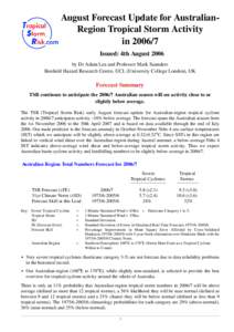 August Forecast Update for AustralianRegion Tropical Storm Activity in[removed]Issued: 4th August 2006 by Dr Adam Lea and Professor Mark Saunders Benfield Hazard Research Centre, UCL (University College London), UK