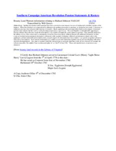 Southern Campaign American Revolution Pension Statements & Rosters Bounty Land Warrant information relating to Richard Johnson VAS1245 Transcribed by Will Graves vsl 1VA[removed]