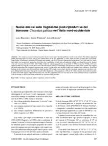 Avocetta 36: Nuove analisi sulla migrazione post-riproduttiva del biancone Circaetus gallicus nell’Italia nord-occidentale Luca Baghino1, Guido Premuda2, Luca Giraudo3 Centro Ornitologico e di Educazion