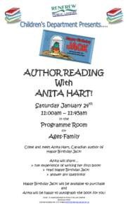 AUTHOR READING With ANITA HART! Saturday January 24th 11:00am – 11:45am in the