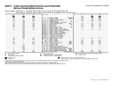 Platí od[removed]do[removed][removed]Vsetín-Valašské Meziříčí-Rožnov pod RadhoštěmMošnov/Frýdek/Místek-Ostrava Přepravu zajišťuje: ČSAD Vsetín a.s., Ohrada 791, [removed]Vsetín, provozovna Vsetín,